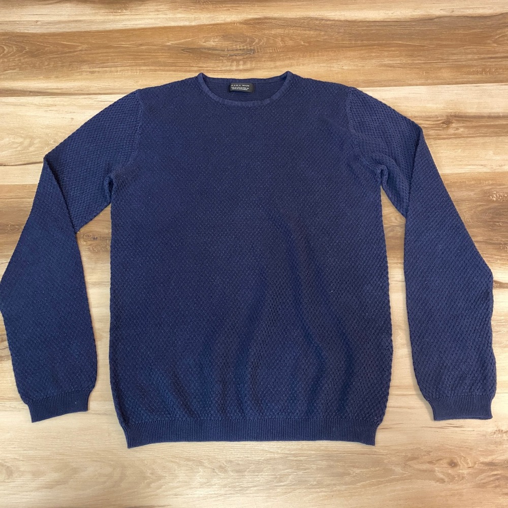 Zara‎ Sweater Mens Medium Navy Blue Textured Crew Neck Long Sleeve